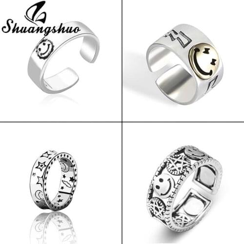 Shuangshuo INS Retro Fashion Smile Face Ring Female Smile Ring Open Finger Adjustable Rings for Women Everyday Jewelry Gift