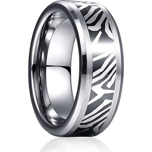 Silver Color Carbon Rings For Men 8mm Zebra Pattern Tungsten Steel Ring