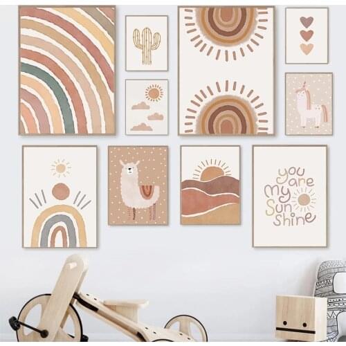 Boho Rainbow Wall Art Poster Heart Unicorn Bear Quotes Canvas Painting Abstract Prints Nursery Kids Baby Room Home Decoration