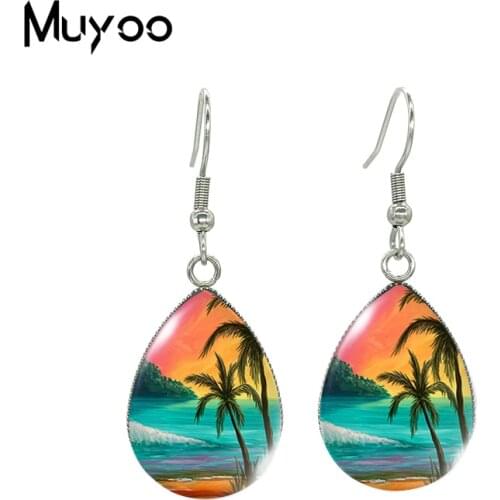 2021 New Tropical Beach Art Tear drop Earring Summer Painting Fish hook Earrings Glass Cabochon Jewelry Handmade Items