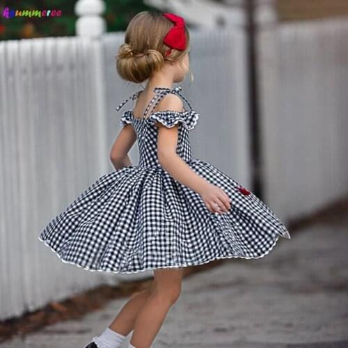 New Baby Girl Clothes Plaid Pattern Girls Summer Dress with Cute Bows Baby Off Shoulder Ruffles Dresses Infant Children Clothing