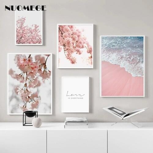 Pink Flower Petals Romantic Wall Decoration Painting Sea Beach Poster and Prints Wall Art Canvas No Framed for Living Room