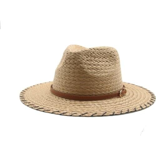 Women hats summer spring wide brim solid natrual raffia belt flower elegant straw hats women beach sun protection khaki sun hats