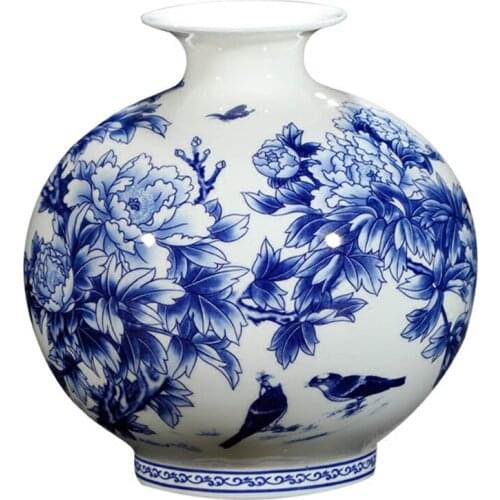 Jingdezhen Blue And White Porcelain Ceramic Chinese Peony Flower Vase Ornaments Lliving Room Fine Bone China Vase Decoration