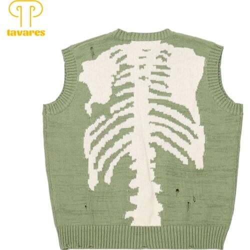 TAVARES Men Skulls Bone Knitted Sweaters Hole Pullovers Women Oversized Skeleton Vest Sweater Kanye West Streetwear