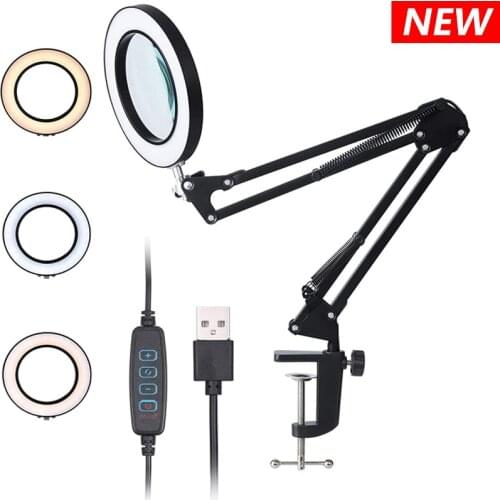 Foldable 8X Illuminated Magnifier USB 3 Colors LED Magnifying Glass for Soldering Iron Repair/Table Lamp/Skincare Beauty Tool