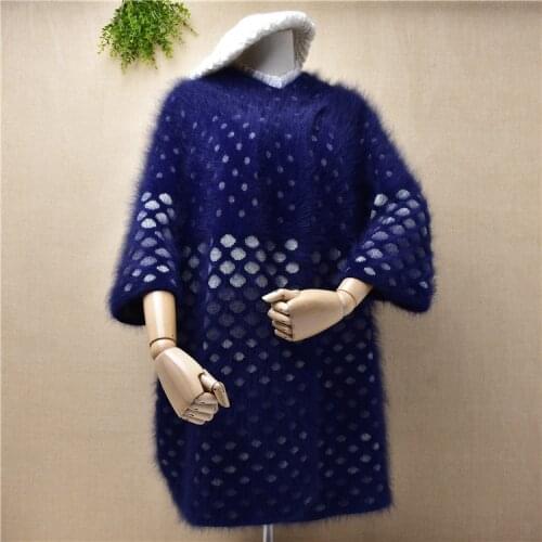 Top quality heavy thick long mink cashmere polka dots seven sleeves cardigans angora fur jacket winter coat clothes sweater pull