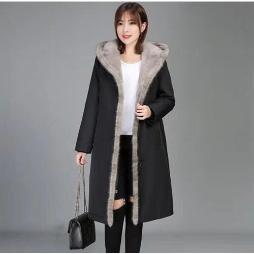 Rex Real Rabbit Fur Liner Parka Thick Warm Winter Coat Women Long Real Fur Jacket Natural Mink Fur Hooded Clothes LW25522