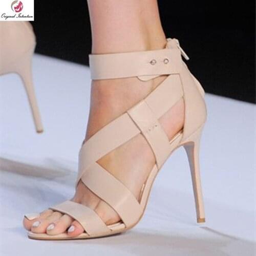 Original Intention Fashion Women Sandals Straps Open Toe Stylish High Heels Nude Summer Party Shoes Woman Plus Size 4-20
