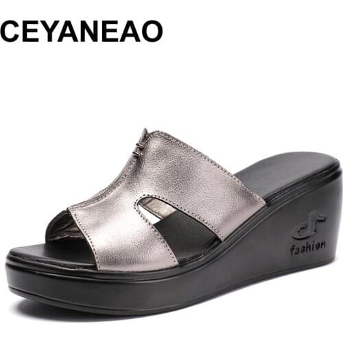 CEYANEAOWoman platform thongs 2020 new summer women genuine leather slipper high heel shoes women slippers big size