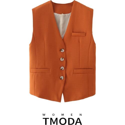 TMODA Summer Women Simply Sleeveless Single Breasted Orange Vest Jacket Office Lady Slim Suit WaistCoat Pockets Outwear Tops