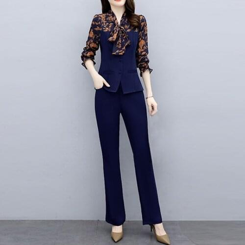 Vintage Spring Summer Women Pants Suit Print Patchwork Bow Top Blazer Jacket & Pant 2021 Office Wear Women Suits Female Sets