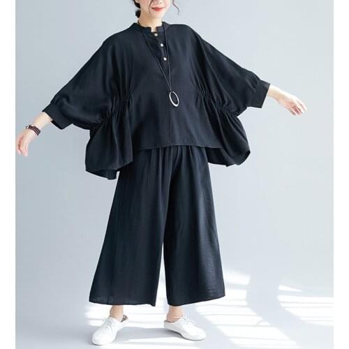 Plus Size Sets Suit Women Clothing Vintage Elegant Lady Tops Shirts Long Sleeve Loose Long Pants Sets Solid Black Wide Leg Pants