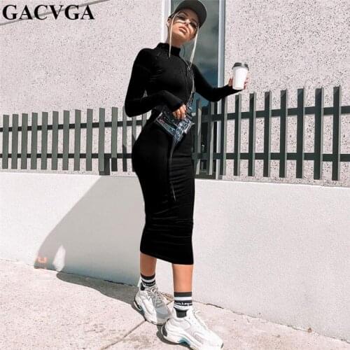 GACVGA 2019 Autumn Winter Long Sleeve Turtleneck Zipper Sexy Bodycon Midi Dress Women Casual Long Party Club Dresses Vestidos