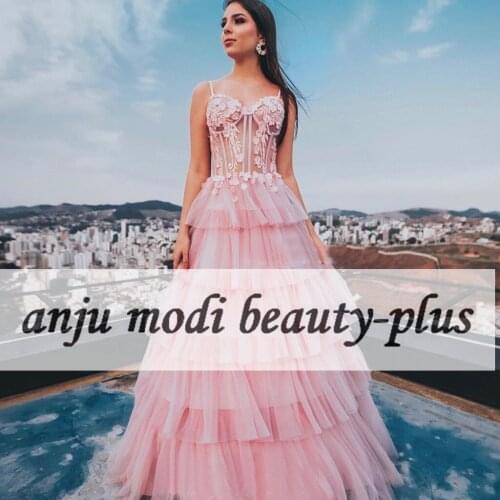 Pink Appliques Tiered Long Prom Dresses Sleeveless Spaghetti Straps Formal Evening Party Gowns Robe De Soiree