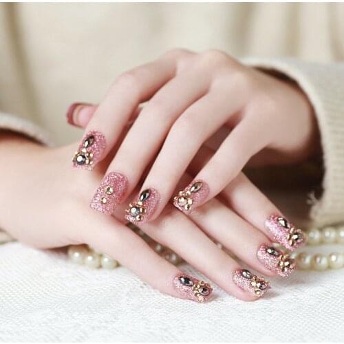 24pcs/Set Short Design Glitter Fake Nails Pretty Rhinestone Bride Wedding Acrylic False Nail Art Full Tips with Glue Sticker