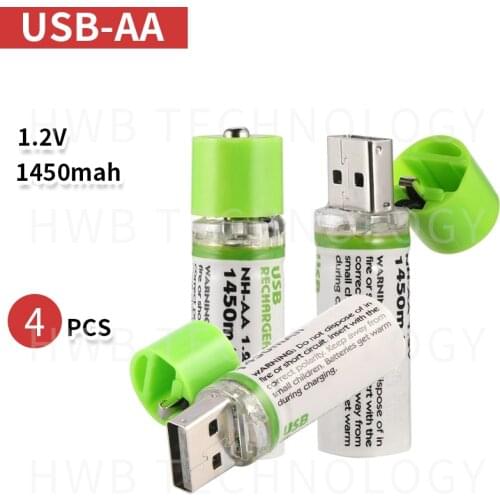 4PCS Portable AA Battery 1450mAh 1.2v USB Rechargeable Batteries USB CELL AA Rechargable Battery LED Indicator w Retail Box