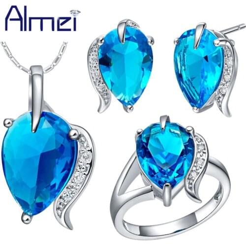 Almei 2017 Sale Jewelry Sets Ladies Jewellery Set Silver Color Wedding Earrings Ring Necklace Women Blue Stone Bisuteria T474