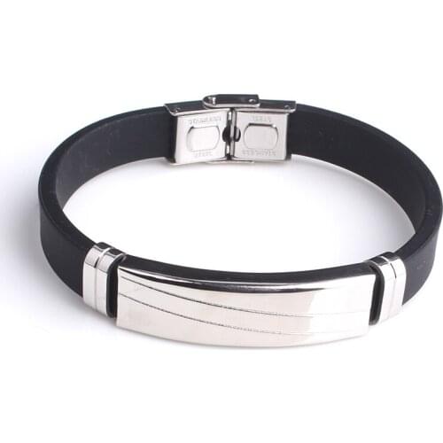 Free shipping Silver color Double stripes Silicone 316L Stainless Steel bracelets for men