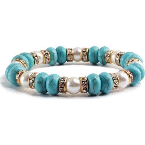 Fashion Turquoises Pearl Beads Distance Bracelets Rhinestone Circle Elastic Bracelet Yoga Fitness Charm Jewelry Women Mens Gift