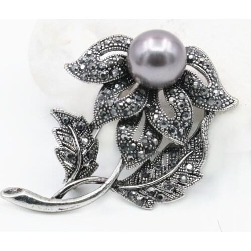 Black Rhinestone Brooch Pearl Flower Rose Leaf Moon Brooches Elegant Alloy Breastpin Wedding Glass Beads Crystal For Women Girls