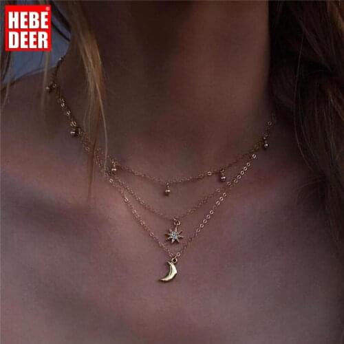 HebeDeer Bohemia Wind Style Women Necklaces Moon Star Golden Pendant Jewelry Link Chain Necklace Multilayer Geometric Lady Gift