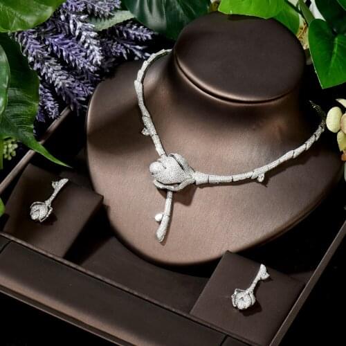 HIBRIDE Classic Bride Cubic Zirconia Necklace Earring Dubai Jewelry Set Rose Flower Luxury Women Nigeria Wedding Naija N-1584