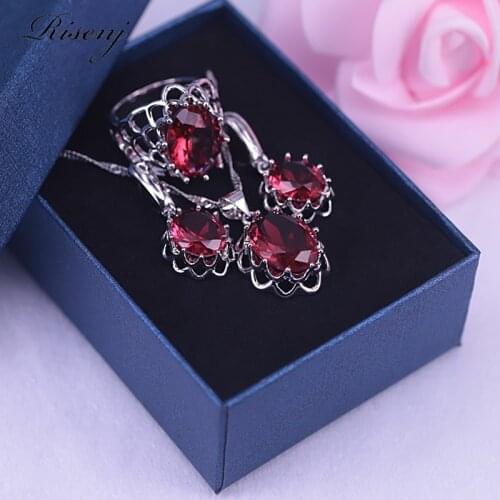Romantic rose red cubic zircon silver 925 costume jewelry set for women earrings ring necklace set big oval stone ring set