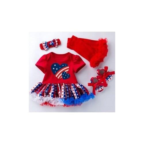 Independence Day Newborn Baby Girls Boys Outfits Stars & Stripes Short Sleeve Romper Dress + Bowknot Headband + Socks + Shoes