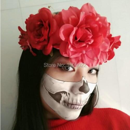 Red Flower Hairband Day of the Dead Halloween Headdress Artificial Fabric Dahlia Rose Orchid Flowers Hair Accessories headband