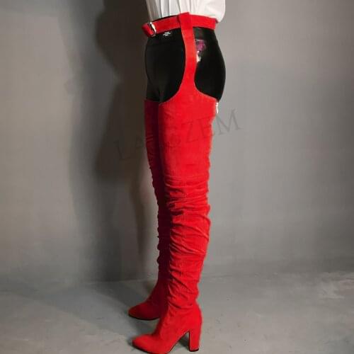 LAIGZEM Thigh High Boots Faux Suede Over Knee Chunky Heeled Boots Fashion Waist Belt Strap Zip Boots Large Size 34-47