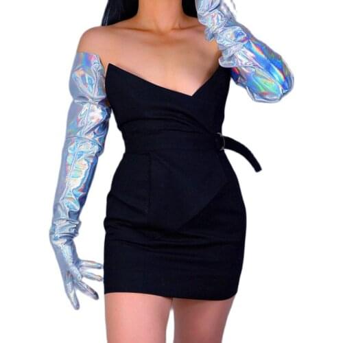 LATEX LONG GLOVES Faux Shine Patent Leather 35" 90cm Hologram Silver Shine Holo Women Leather Gloves WPU237