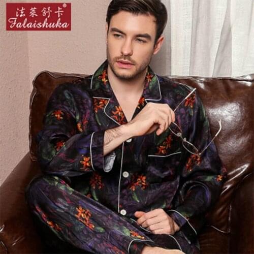 Real 100 silk Men pajamas suit Winter spring long Full sleeve Sleepwear noble two-piece Solid Striped L XL XXL