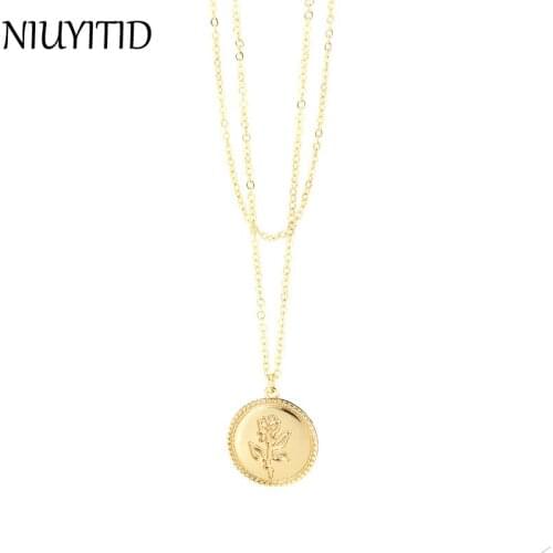 NIUYITID Rose Flower Coin Necklace Pendant Gold Color Chain Women Jewelry Girl Ladies Choker Female Charm Drop ship