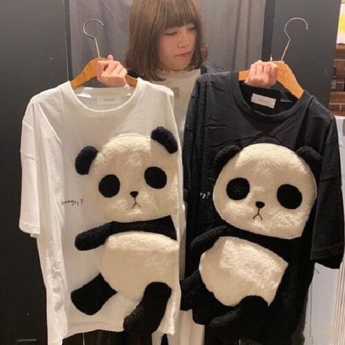 2020 new couple Japanese sweet cute panda embroidered letters printed loose short-sleeved T-shirt female trend