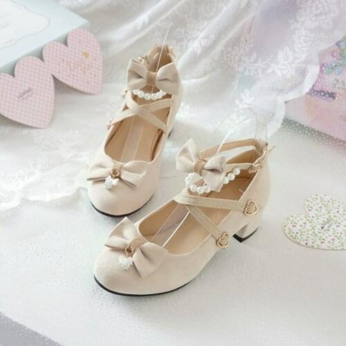 Original Lo Lolita Shoes plus Size Bow Student Sweet round Head Chunky Heel Fairy Shoes Kawaii Shoes Anime Shoes Goth Shoes