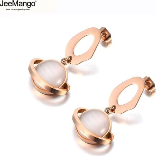 JeeMango Trendy Titanium Stainless Steel Love Planet Earrings For Women Girls Rose Gold Pink Opal Stud Earrings Jewelry JE19205