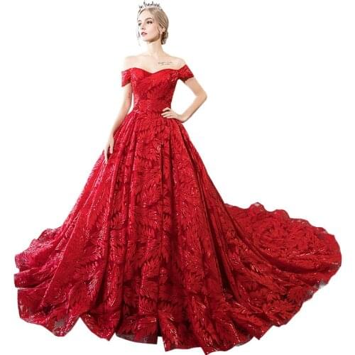 Wedding Dress 2020 New Red Luxury Bride Dress Elegnat Boat Neck Sweep Train Ball Gown Princess Luxury Dresses Vestido De Noiva