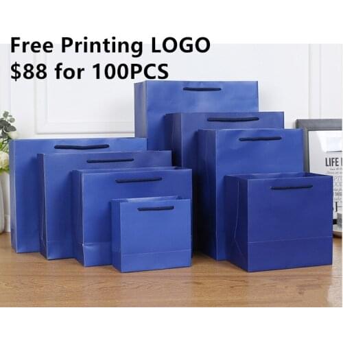 Dark Blue Paper Gift Bag Free Printing Monochrome LOGO 100PCS/LOT Party Candy Bag Shopping Bag Carries Bag