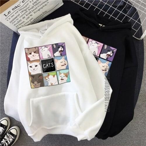 Women Sweatshirt Casual Harajuku Long Sleeve Loose Korean Cat Hoodie Dropshipping Cute Top Black Solid Vintage Tee Clothes