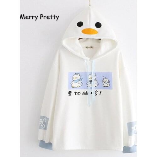 Merry Pretty Cotton Womens Cartoon Print Drawstring Hoodies Sweatshirts 2020 Winter Long Sleeve White Hooded Tracksuit Pullover