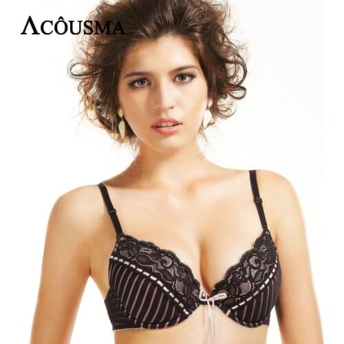 ACOUSMA Women Sexy Floral Lace Bowknot Striped 3/4 Cup Push Up Bra Brassiere Underwear Female Comfortable Lingerie Black Pink