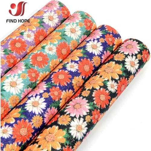 20*120CM Daisy Printed Fine Glitter Shiny Faux Leather Sewing Gift Handmade Brooches Bows Earring Roll Floral Fabric Accessories