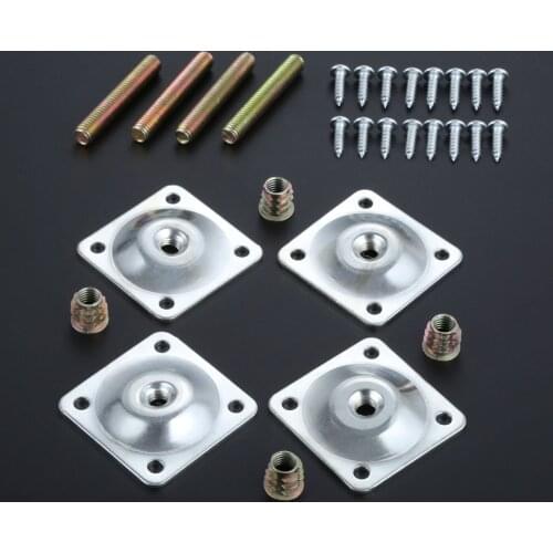 4Pcs Iron 48x48mm Soft Table Chair Feet Attachment Plates Silver Color Furniture Leg Mounting Plates with Hanger Bolts Adapters