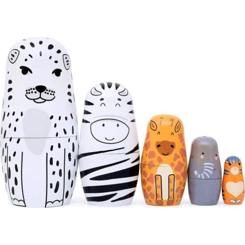 5Pcs/Set Wooden Cartoon Leopard Russian Nesting Dolls Matryoshka Doll Figurines Art Crafts Ornaments Kids Toy Children Gift