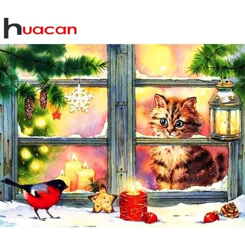 Huacan Diamond Embroidery Mosaic Cat Kit 5D Diamond Art Painting Cross Stitch Animals Christmas Decoration For Home