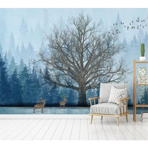 Beibehang Fashion custom wallpaper Nordic abstract hand-painted forest big tree elk TV home background wall papel de parede
