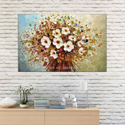 Home decor Hand painted modern knife painting room hall wall art picture white orchid flower thick colors palette oil painting