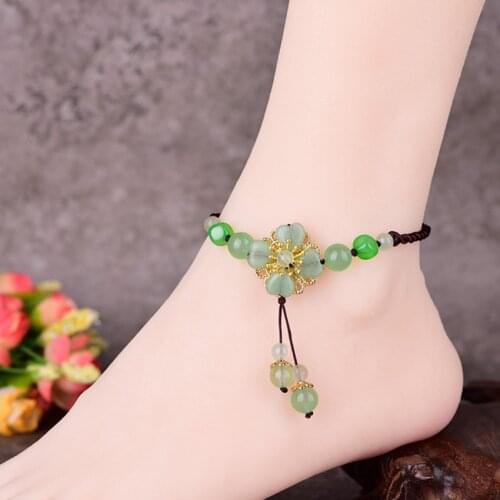 FYSL Light Yellow Gold Color Flower with Green Aventurine Beads Anklet for Women Handmade Weave Jewelry