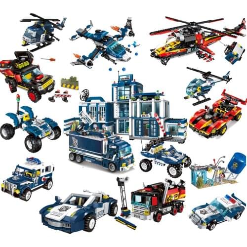 City Police Station Building Block SWAT Headquarter Helicoper Cruiser Car with Figures Bricks